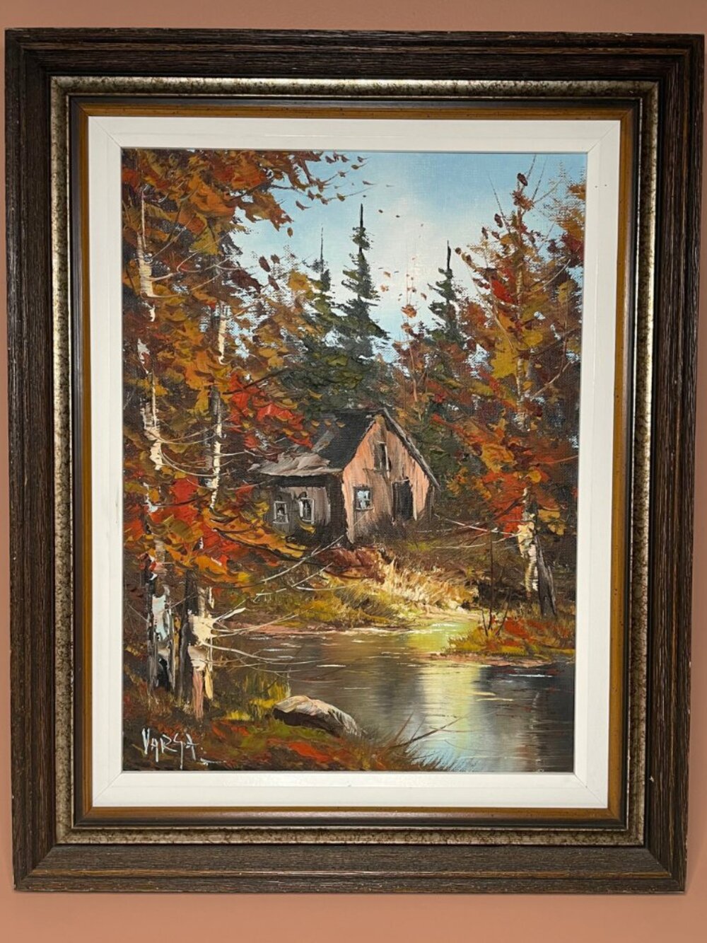 Vintage Original Autumn Cabin Oil Painting by Csaba Varga